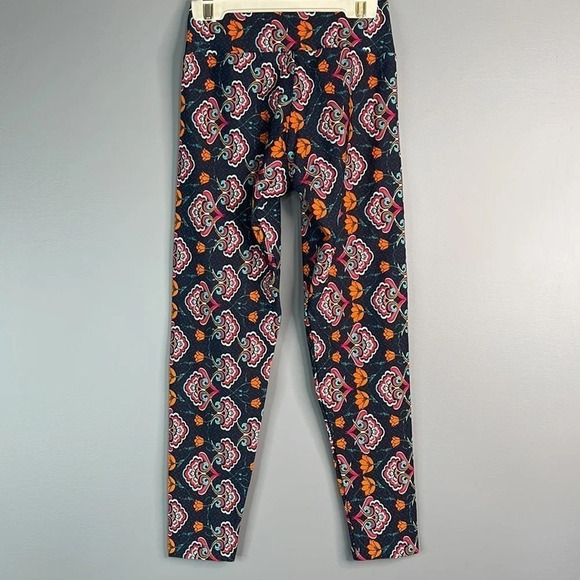 LIQUIDO Floral Yoga 7/8 Leggings Navy Orange Teal Red White Midrise Funky Fun M - Picture 5 of 9